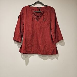 Lauren Ralph Lauren 3/4 Sleeve Blouse with Tie Front, Size Medium, Red